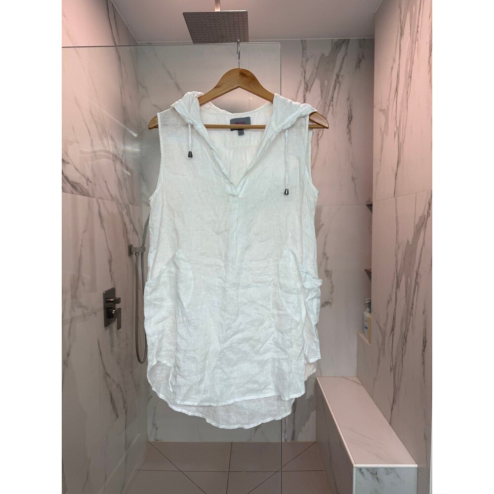 Women's Sleeveless Hooded Linen Cover-up Tunic Top White Small